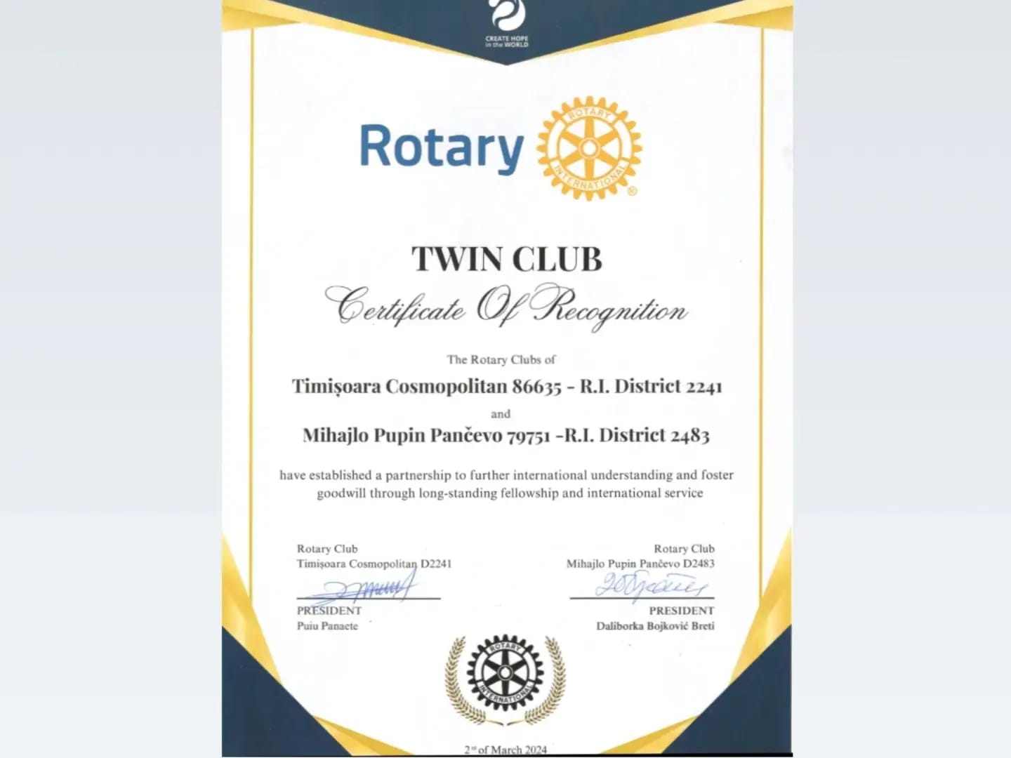 Bratimljenje Twinning agreement Sa radošću saopštavamo da se naš klub 2.